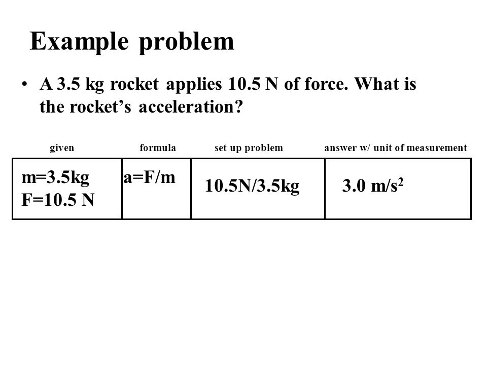 Example problem A 3.5 kg rocket applies 10.5 N of force.