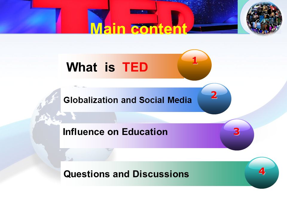 LOGO Globalization and Social Media Influence on Education Questions and Discussions What is TED Main content