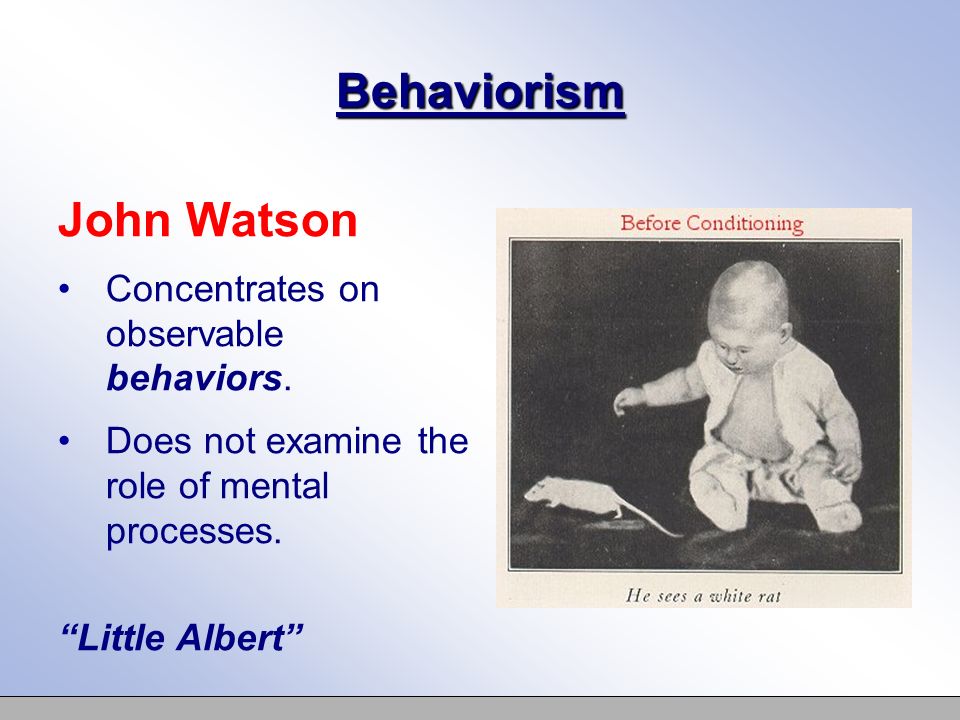 Behaviorism John Watson Concentrates on observable behaviors.
