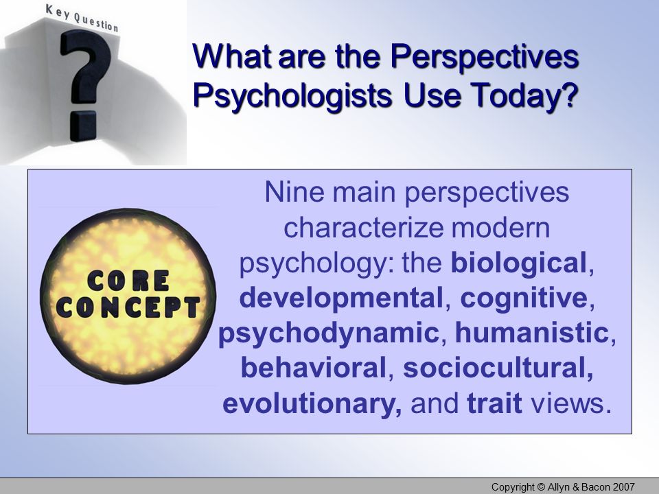 Copyright © Allyn & Bacon 2007 What are the Perspectives Psychologists Use Today.
