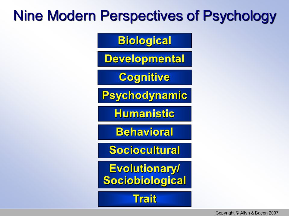 Copyright © Allyn & Bacon 2007 Biological Developmental Psychodynamic Sociocultural Cognitive Behavioral Trait Nine Modern Perspectives of Psychology Humanistic Evolutionary/ Sociobiological