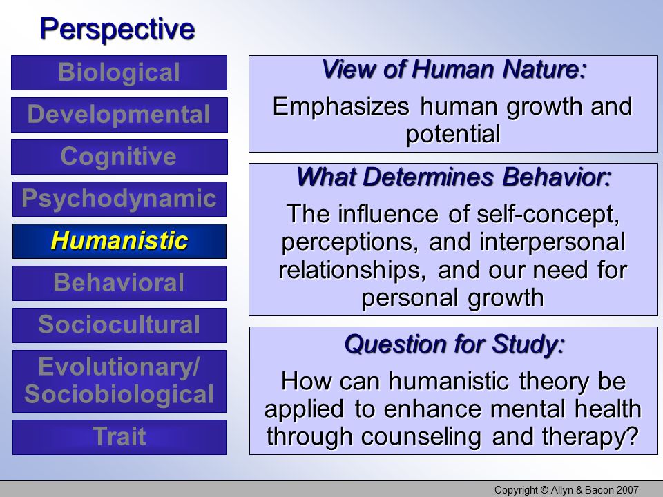 Copyright © Allyn & Bacon 2007 View of Human Nature: Emphasizes human growth and potential Perspective What Determines Behavior: The influence of self-concept, perceptions, and interpersonal relationships, and our need for personal growth Question for Study: How can humanistic theory be applied to enhance mental health through counseling and therapy.