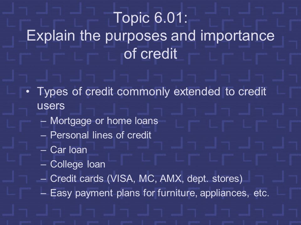 Types of credit commonly extended to credit users –Mortgage or home loans –Personal lines of credit –Car loan –College loan –Credit cards (VISA, MC, AMX, dept.