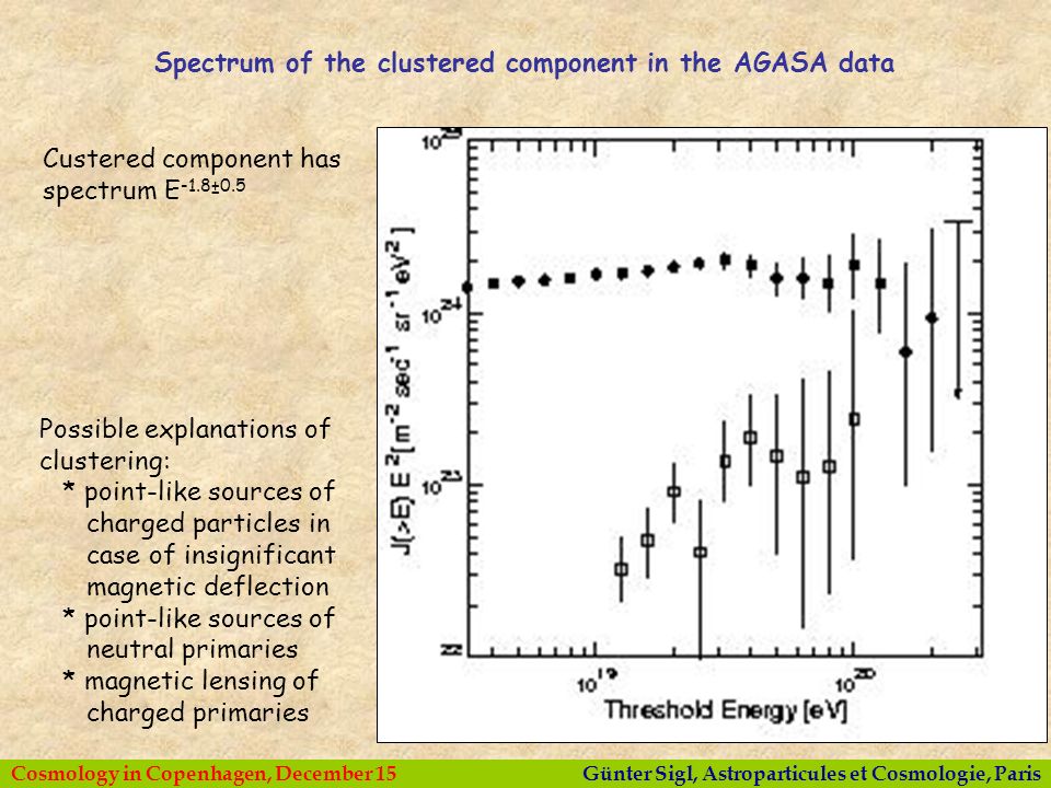 Günter Sigl, Astroparticules et Cosmologie, ParisCosmology in Copenhagen, December 15 Spectrum of the clustered component in the AGASA data Possible explanations of clustering: * point-like sources of charged particles in case of insignificant magnetic deflection * point-like sources of neutral primaries * magnetic lensing of charged primaries Custered component has spectrum E -1.8±0.5