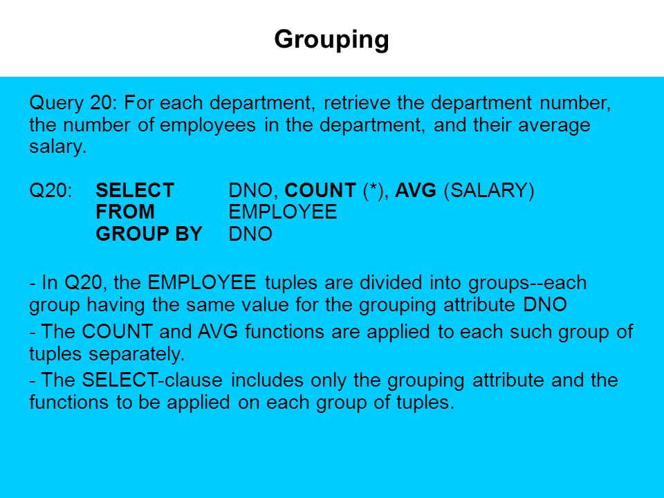 Grouping Query 20: For each department, retrieve the department number, the number of employees in the department, and their average salary.