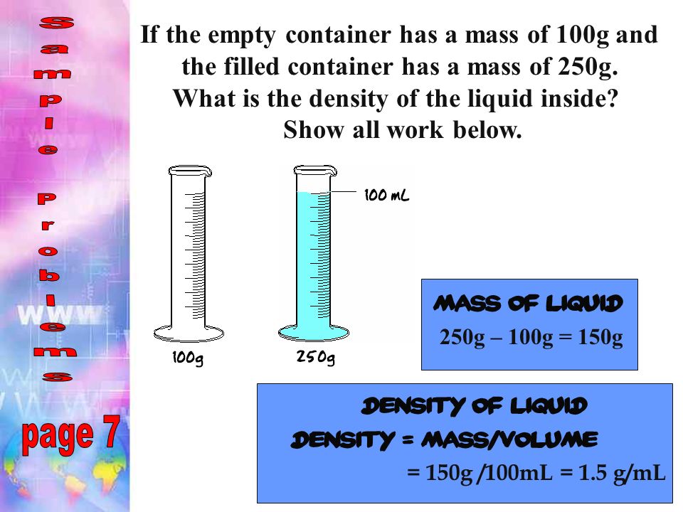 If the empty container has a mass of 100g and the filled container has a mass of 250g.