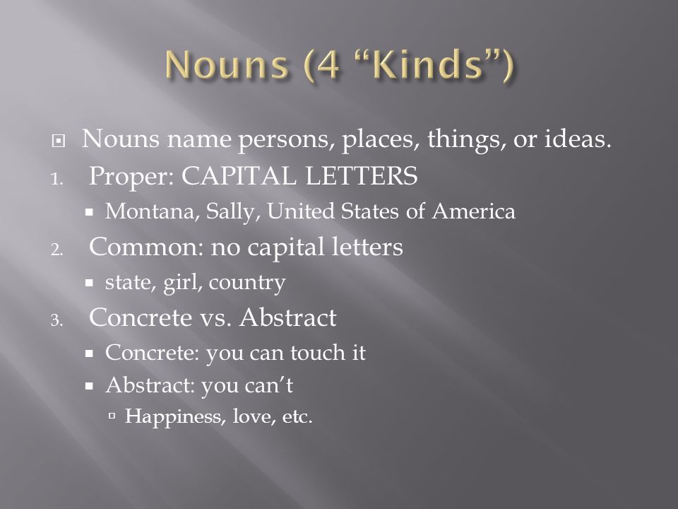  Nouns name persons, places, things, or ideas. 1.