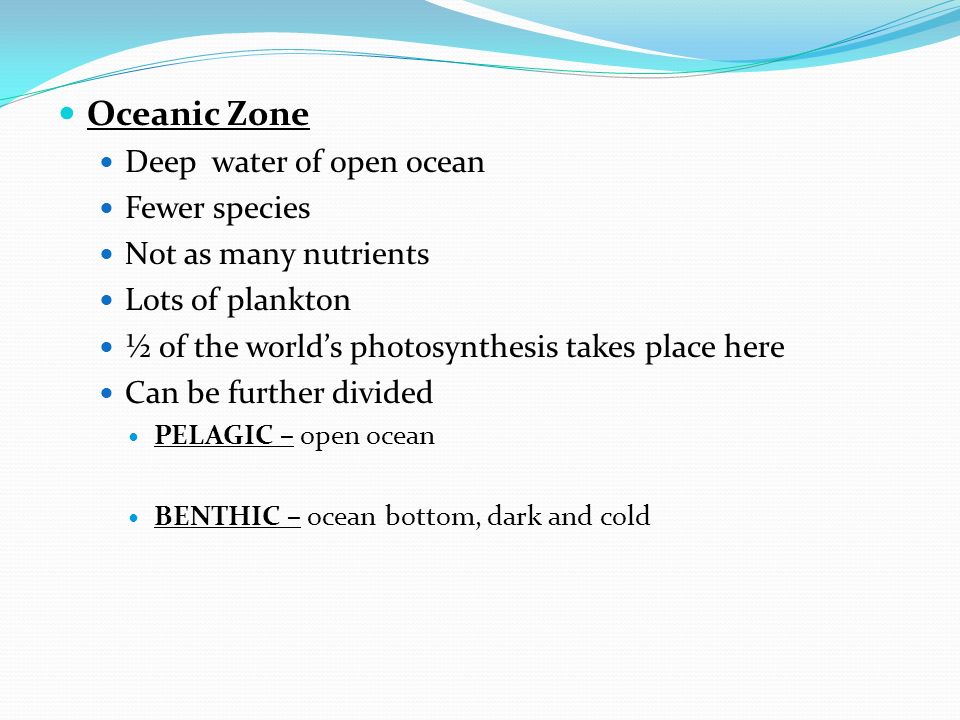 Oceanic Zone Deep water of open ocean Fewer species Not as many nutrients Lots of plankton ½ of the world’s photosynthesis takes place here Can be further divided PELAGIC – open ocean BENTHIC – ocean bottom, dark and cold