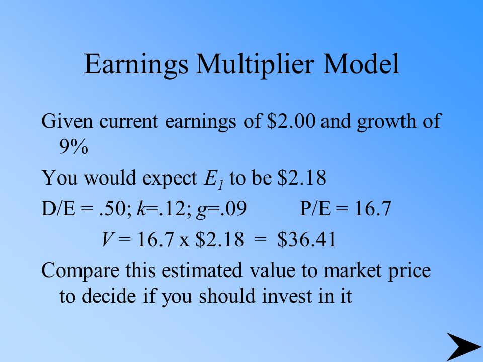 Earnings Multiplier Model Given current earnings of $2.00 and growth of 9% You would expect E 1 to be $2.18 D/E =.50; k=.12; g=.09 P/E = 16.7 V = 16.7 x $2.18 = $36.41 Compare this estimated value to market price to decide if you should invest in it