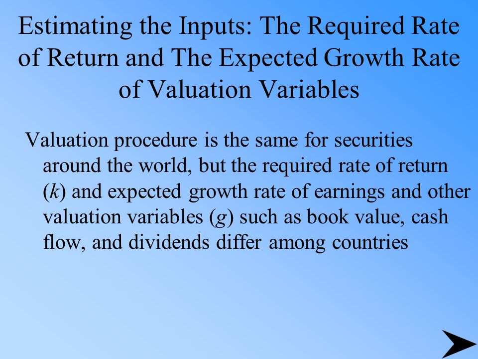 Estimating the Inputs: The Required Rate of Return and The Expected Growth Rate of Valuation Variables Valuation procedure is the same for securities around the world, but the required rate of return (k) and expected growth rate of earnings and other valuation variables (g) such as book value, cash flow, and dividends differ among countries
