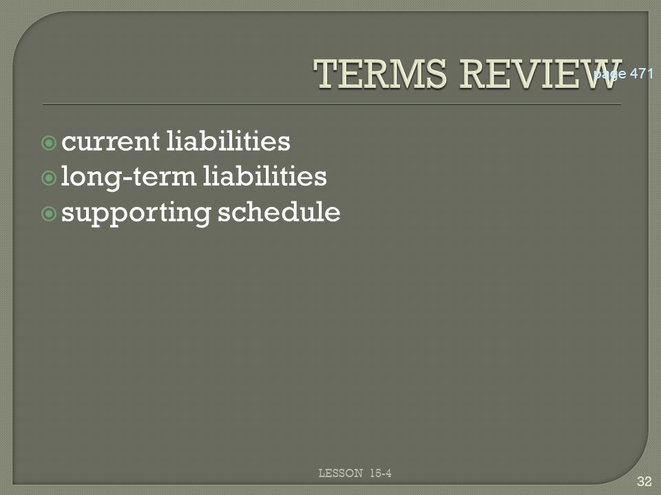  current liabilities  long-term liabilities  supporting schedule LESSON page 471
