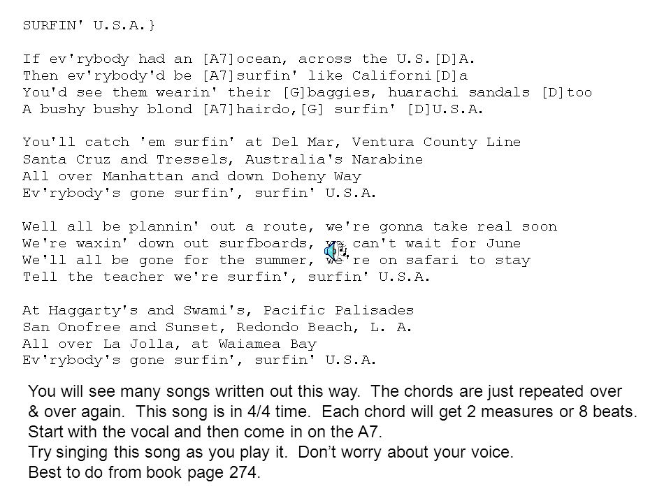 Surfin' USA. You will see many songs written out this way. The chords are  just repeated over & over again. This song is in 4/4 time. Each chord will  get. - ppt download