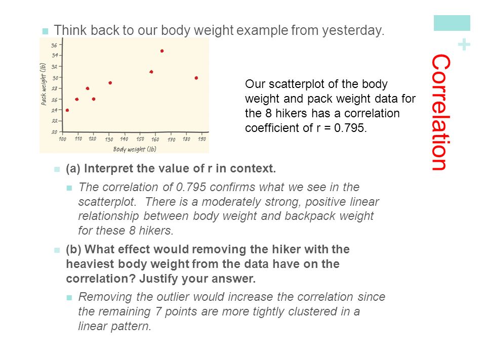 + Correlation Think back to our body weight example from yesterday.