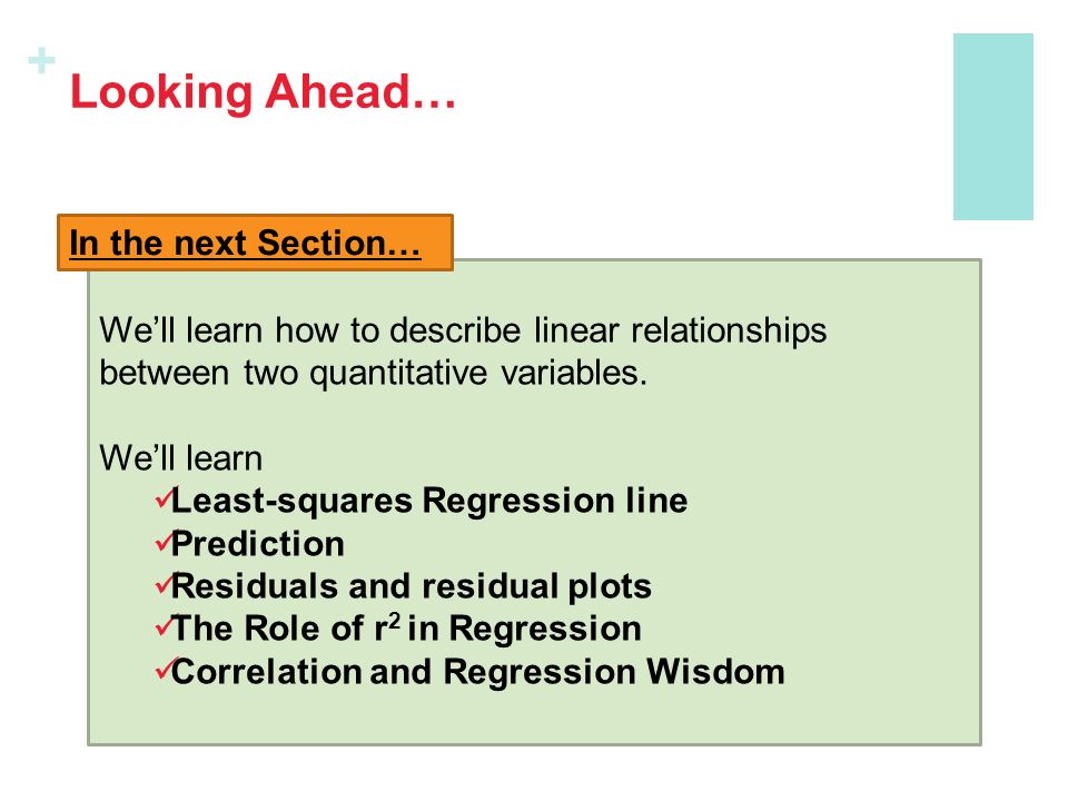 + Looking Ahead… We’ll learn how to describe linear relationships between two quantitative variables.