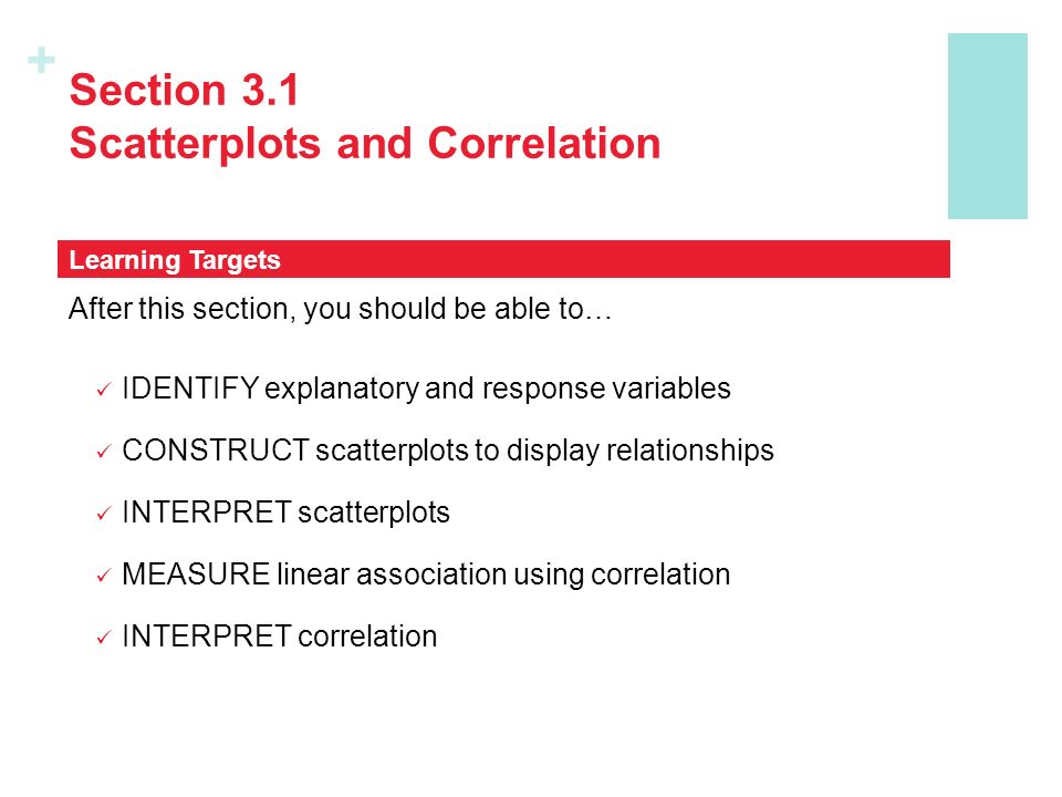 + Section 3.1 Scatterplots and Correlation After this section, you should be able to… IDENTIFY explanatory and response variables CONSTRUCT scatterplots to display relationships INTERPRET scatterplots MEASURE linear association using correlation INTERPRET correlation Learning Targets