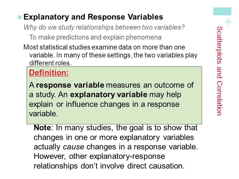 + Scatterplots and Correlation Explanatory and Response VariablesWhy do we study relationships between two variables.