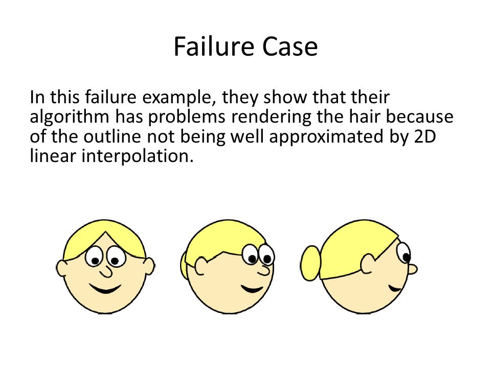 Failure Case In this failure example, they show that their algorithm has problems rendering the hair because of the outline not being well approximated by 2D linear interpolation.
