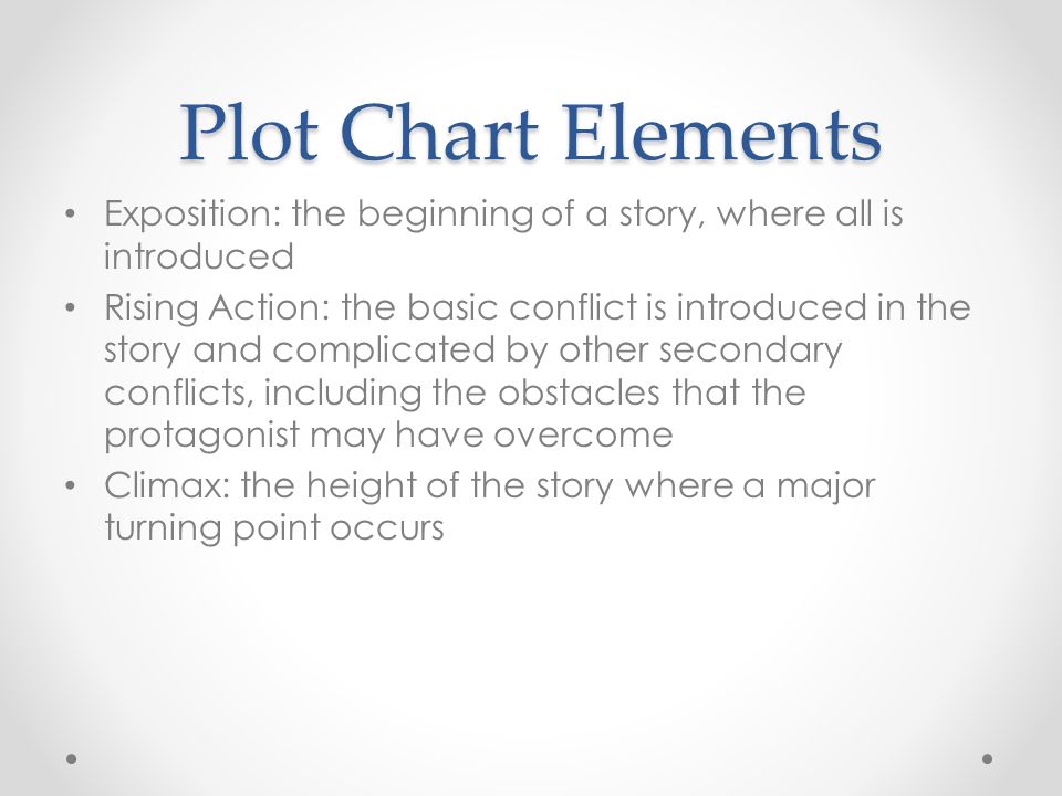 Plot Chart Elements Exposition: the beginning of a story, where all is introduced Rising Action: the basic conflict is introduced in the story and complicated by other secondary conflicts, including the obstacles that the protagonist may have overcome Climax: the height of the story where a major turning point occurs