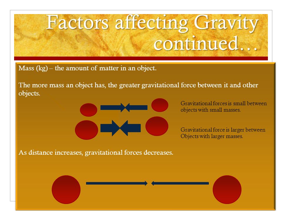 Factors affecting Gravity continued… Mass (kg) – the amount of matter in an object.