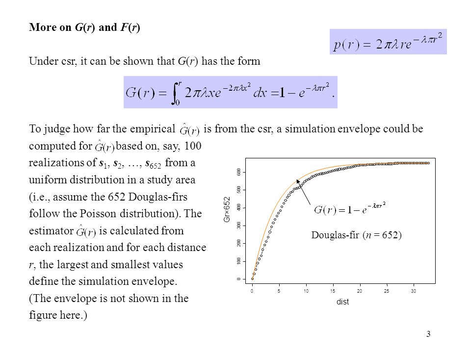 3 More on G(r) and F(r) Under csr, it can be shown that G(r) has the form To judge how far the empirical is from the csr, a simulation envelope could be computed for based on, say, 100 realizations of s 1, s 2, …, s 652 from a uniform distribution in a study area (i.e., assume the 652 Douglas-firs follow the Poisson distribution).
