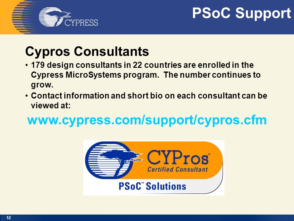 12 Cypros Consultants 179 design consultants in 22 countries are enrolled in the Cypress MicroSystems program.