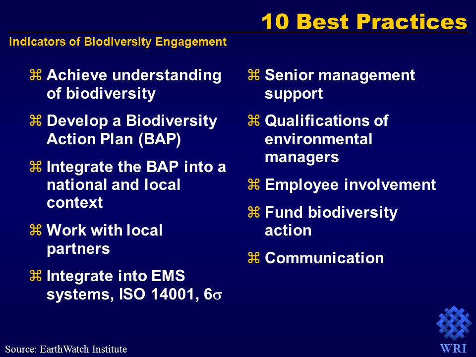 WRI 10 Best Practices zAchieve understanding of biodiversity zDevelop a Biodiversity Action Plan (BAP) zIntegrate the BAP into a national and local context zWork with local partners zIntegrate into EMS systems, ISO 14001, 6  zSenior management support zQualifications of environmental managers zEmployee involvement zFund biodiversity action zCommunication Indicators of Biodiversity Engagement Source: EarthWatch Institute