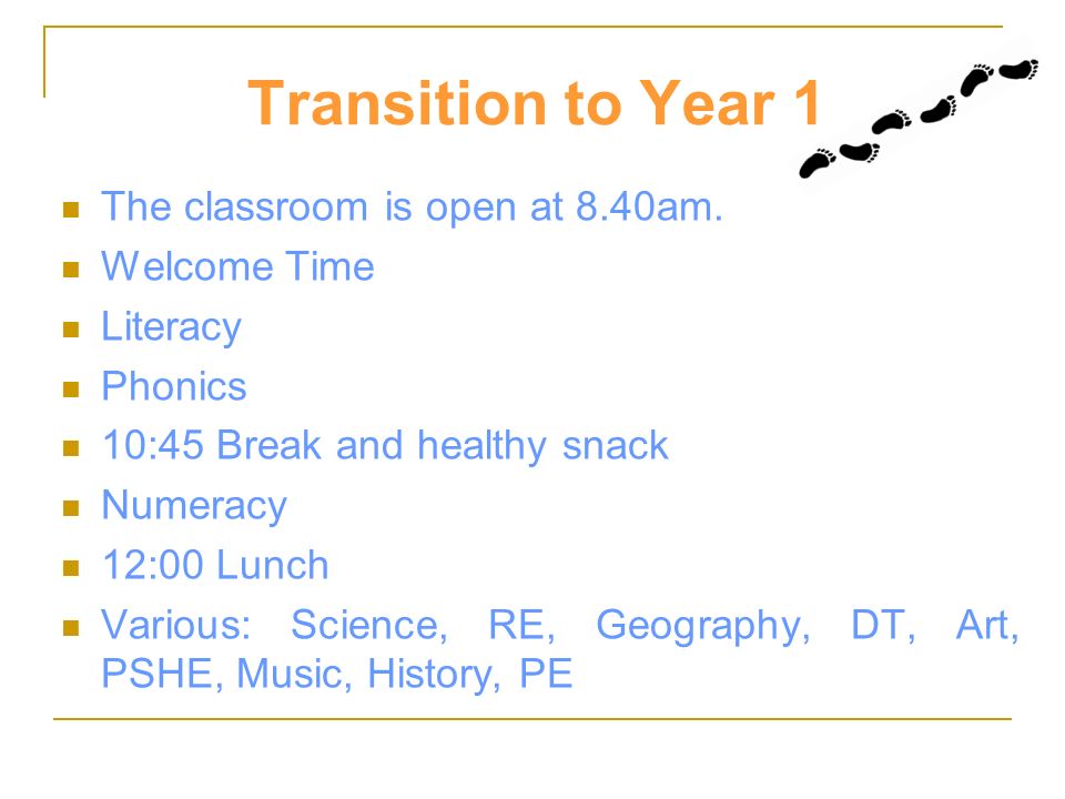 Transition to Year 1 The classroom is open at 8.40am.