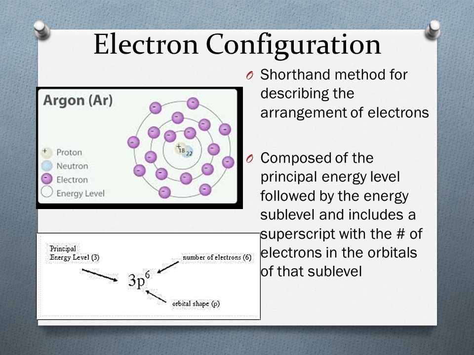 Electron Configuration O Shorthand method for describing the arrangement of electrons O Composed of the principal energy level followed by the energy sublevel and includes a superscript with the # of electrons in the orbitals of that sublevel