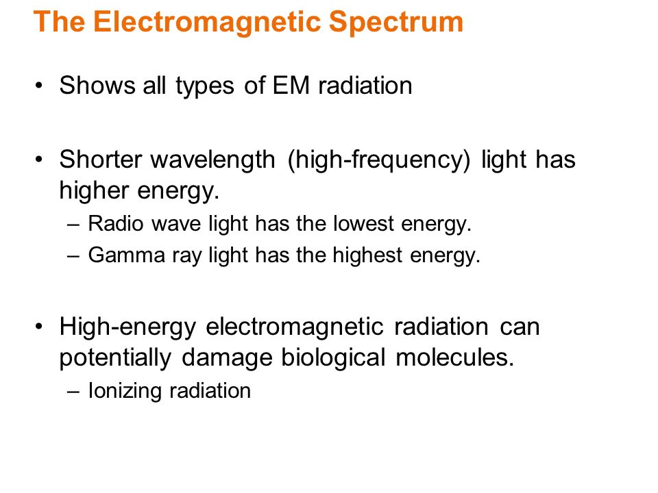 The Electromagnetic Spectrum Shows all types of EM radiation Shorter wavelength (high-frequency) light has higher energy.