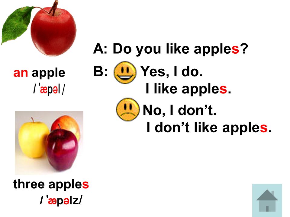 I don t like apple. Would you like an Apple. I like Apples. I like Oranges. Do they, we, i, you like Apples.