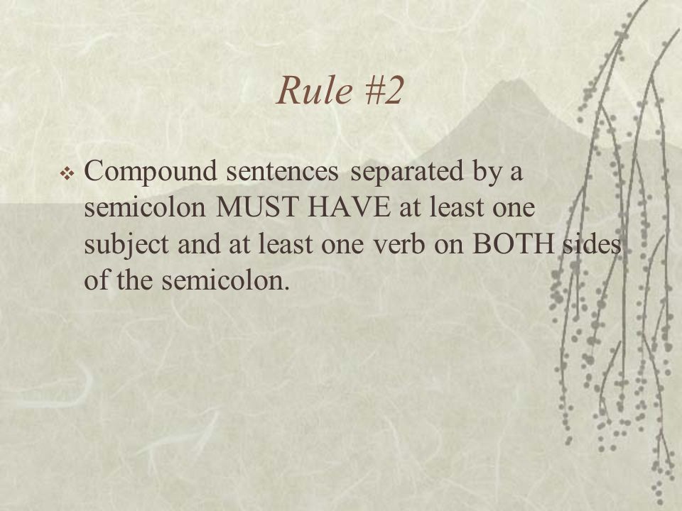 Rule #2  Compound sentences separated by a semicolon MUST HAVE at least one subject and at least one verb on BOTH sides of the semicolon.