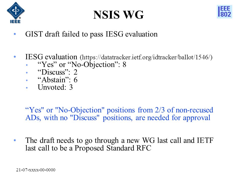 21-07-xxxx NSIS WG GIST draft failed to pass IESG evaluation IESG evaluation (  Yes or No-Objection : 8 Discuss : 2 Abstain : 6 Unvoted: 3 Yes or No-Objection positions from 2/3 of non-recused ADs, with no Discuss positions, are needed for approval The draft needs to go through a new WG last call and IETF last call to be a Proposed Standard RFC