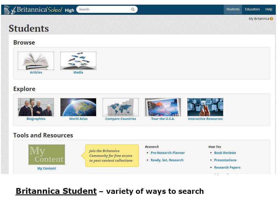 Britannica Student – variety of ways to search