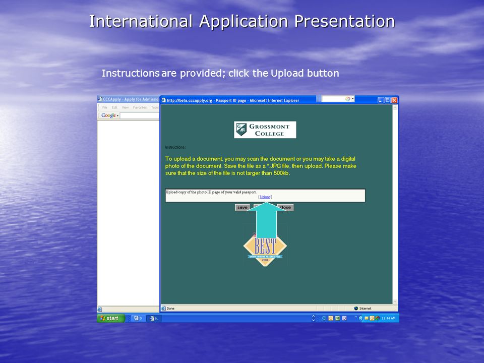 International Application Presentation Instructions are provided; click the Upload button