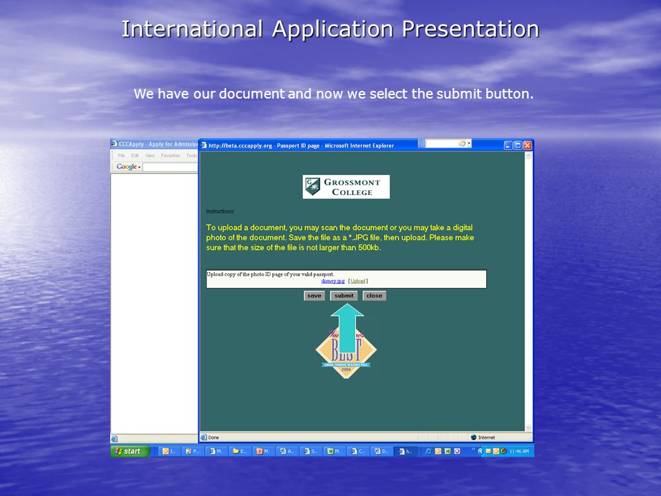 International Application Presentation We have our document and now we select the submit button.