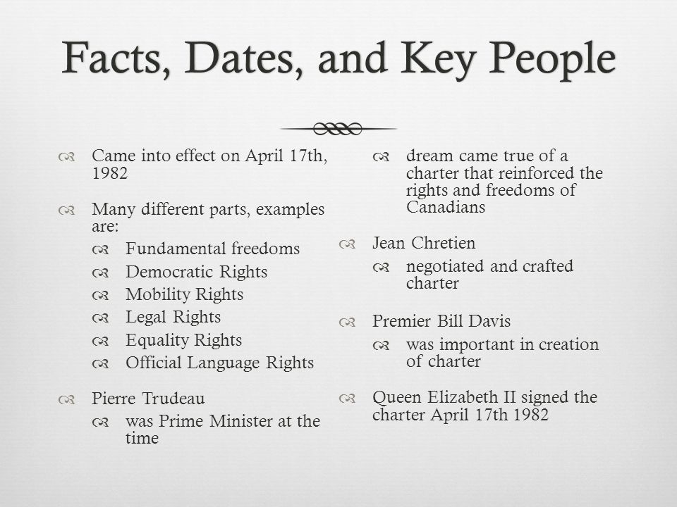 Facts, Dates, and Key PeopleFacts, Dates, and Key People  Came into effect on April 17th, 1982  Many different parts, examples are:  Fundamental freedoms  Democratic Rights  Mobility Rights  Legal Rights  Equality Rights  Official Language Rights  Pierre Trudeau  was Prime Minister at the time  dream came true of a charter that reinforced the rights and freedoms of Canadians  Jean Chretien  negotiated and crafted charter  Premier Bill Davis  was important in creation of charter  Queen Elizabeth II signed the charter April 17th 1982