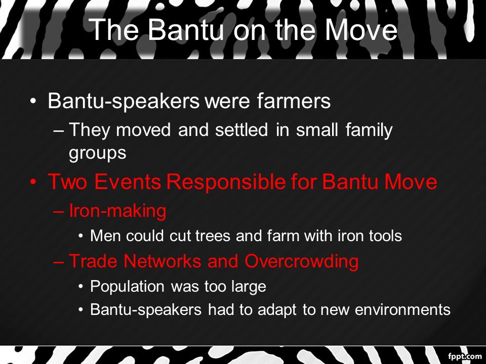 The Bantu on the Move Bantu-speakers were farmers –They moved and settled in small family groups Two Events Responsible for Bantu Move –Iron-making Men could cut trees and farm with iron tools –Trade Networks and Overcrowding Population was too large Bantu-speakers had to adapt to new environments