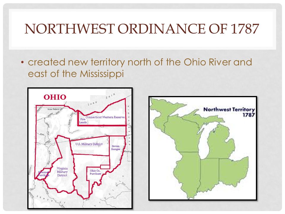NORTHWEST ORDINANCE OF 1787 created new territory north of the Ohio River and east of the Mississippi