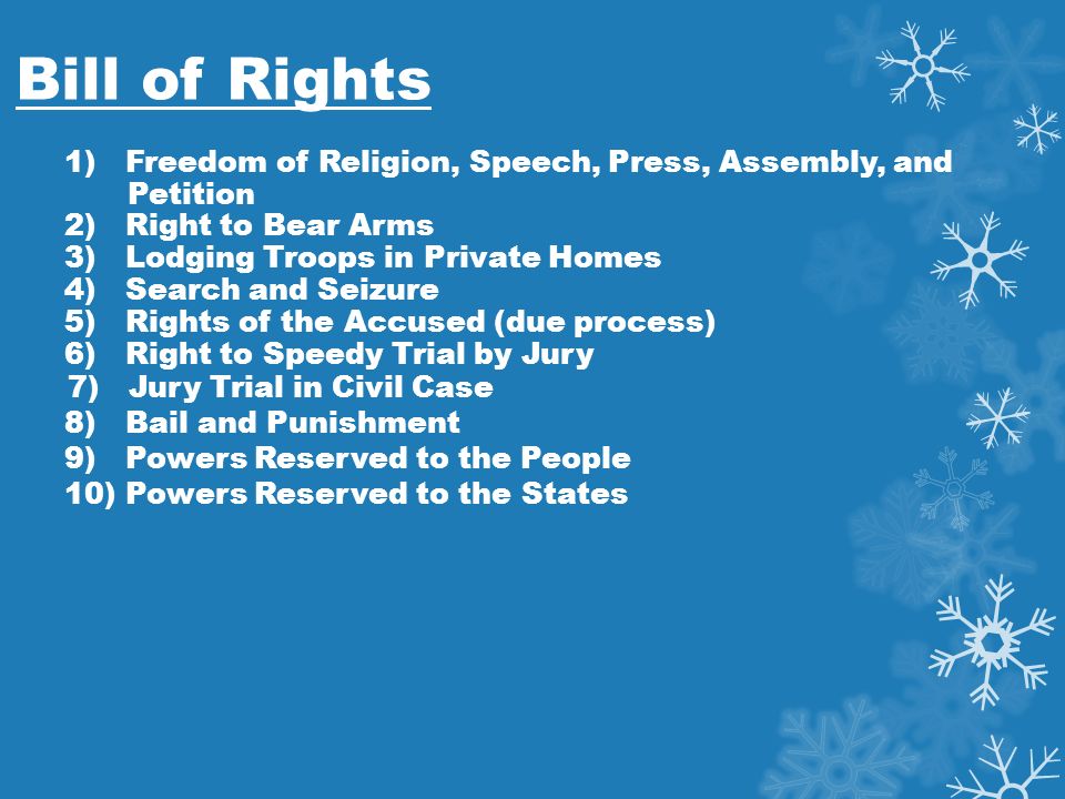 Bill of Rights 1) Freedom of Religion, Speech, Press, Assembly, and Petition 2) Right to Bear Arms 3) Lodging Troops in Private Homes 4) Search and Seizure 5) Rights of the Accused (due process) 6) Right to Speedy Trial by Jury 7) Jury Trial in Civil Case 8) Bail and Punishment 9) Powers Reserved to the People 10) Powers Reserved to the States