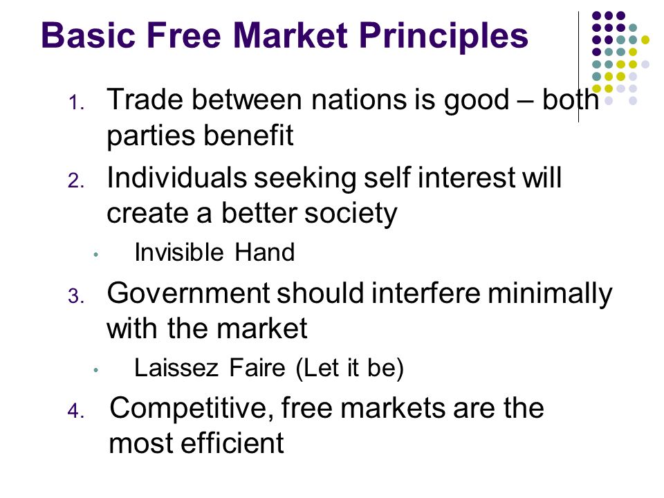 Basic Free Market Principles 1. Trade between nations is good – both parties benefit 2.