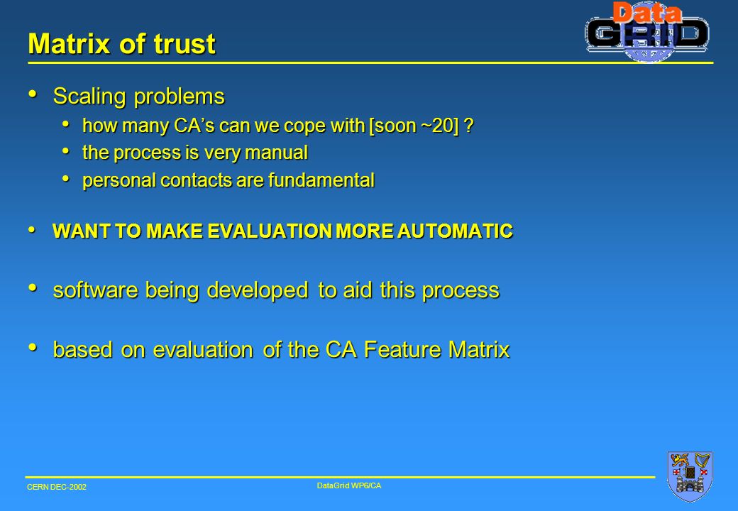 CERN DEC-2002 DataGrid WP6/CA Matrix of trust Scaling problems Scaling problems how many CA’s can we cope with [soon ~20] .
