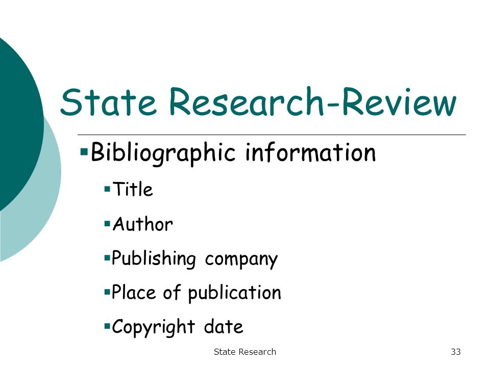 State Research33 State Research-Review  Bibliographic information  Title  Author  Publishing company  Place of publication  Copyright date