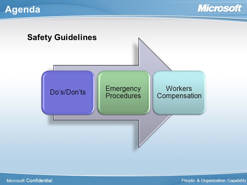 Microsoft Confidential People & Organization Capability Agenda Do’s/Don’ts Emergency Procedures Workers Compensation Safety Guidelines