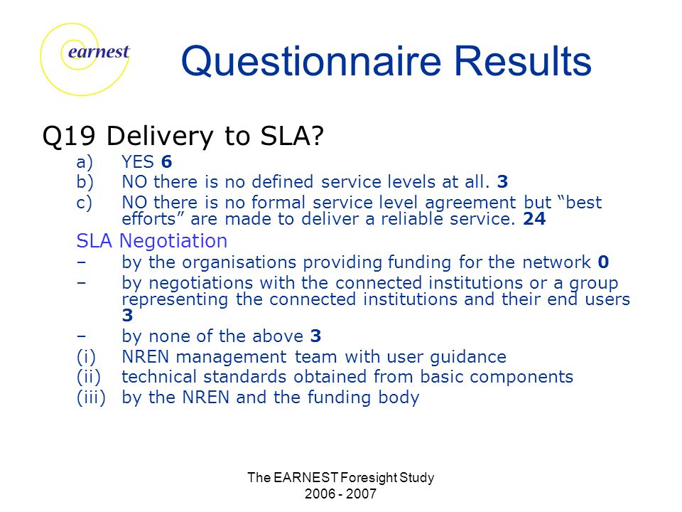 The EARNEST Foresight Study Questionnaire Results Q19 Delivery to SLA.