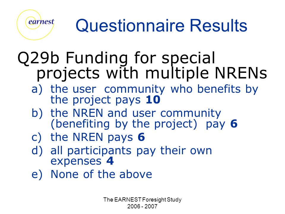 The EARNEST Foresight Study Questionnaire Results Q29b Funding for special projects with multiple NRENs a)the user community who benefits by the project pays 10 b)the NREN and user community (benefiting by the project) pay 6 c)the NREN pays 6 d)all participants pay their own expenses 4 e)None of the above