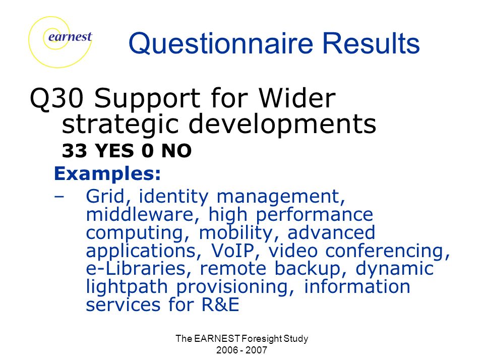 The EARNEST Foresight Study Questionnaire Results Q30 Support for Wider strategic developments 33 YES 0 NO Examples: –Grid, identity management, middleware, high performance computing, mobility, advanced applications, VoIP, video conferencing, e-Libraries, remote backup, dynamic lightpath provisioning, information services for R&E