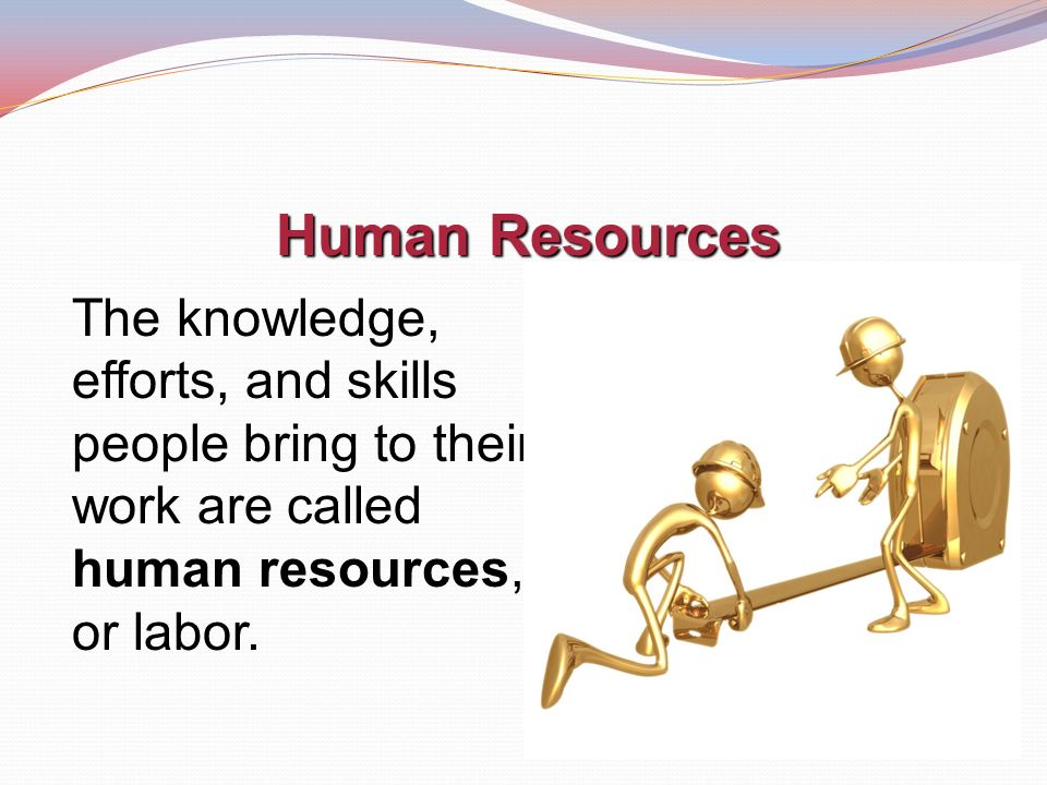 Human Resources The knowledge, efforts, and skills people bring to their work are called human resources, or labor.