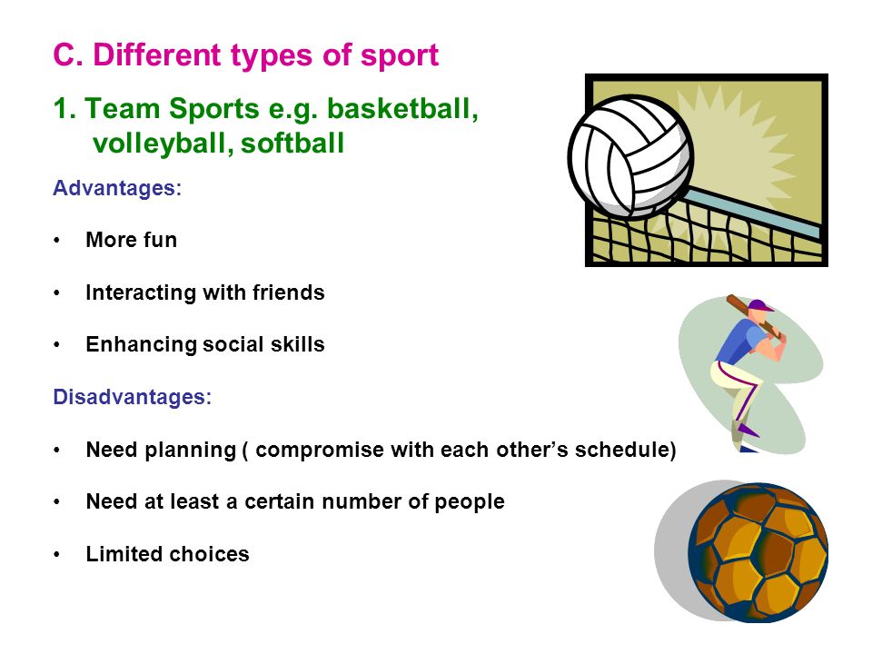 Doing sports advantages. Types of Sports презентация. Advantages of Sport. Benefits of Sports Team. Team Sports примеры.