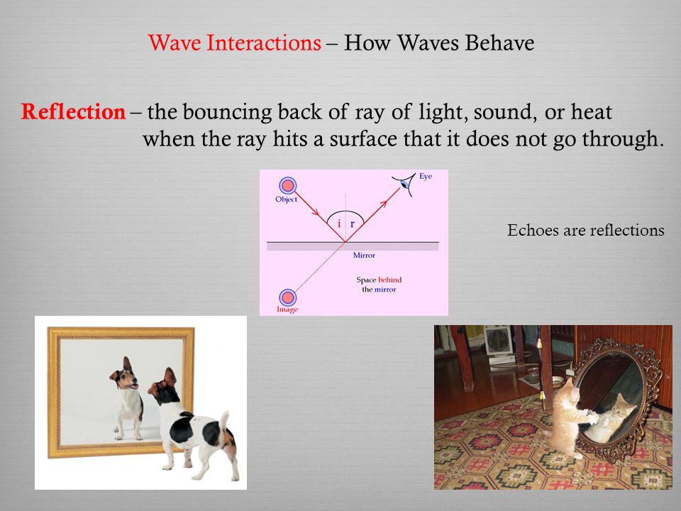 Wave Interactions – How Waves Behave Reflection – the bouncing back of ray of light, sound, or heat when the ray hits a surface that it does not go through.