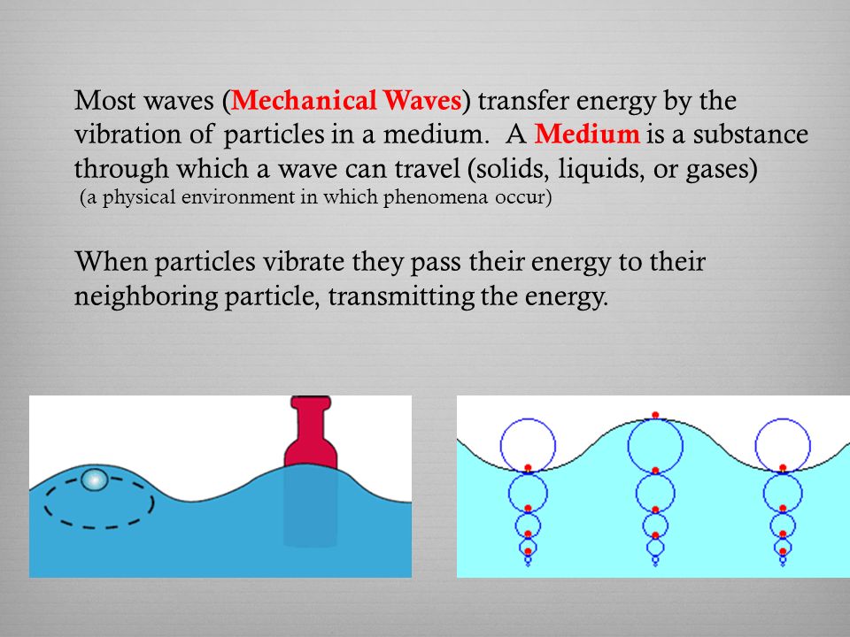 Most waves ( Mechanical Waves ) transfer energy by the vibration of particles in a medium.